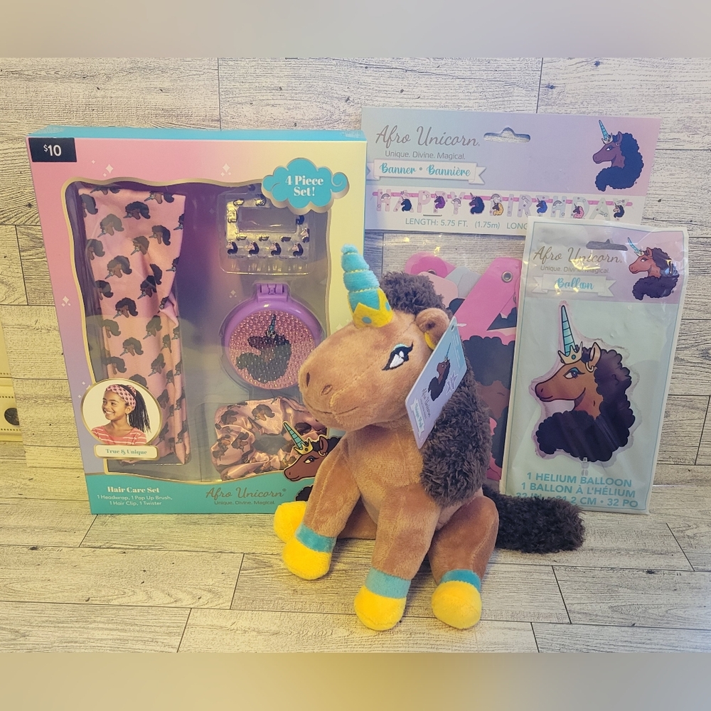 🐣👸🏿🦄 AFRO UNICORN Birthday Party Lot Banner Ballon Plush & Hair Kit NWT